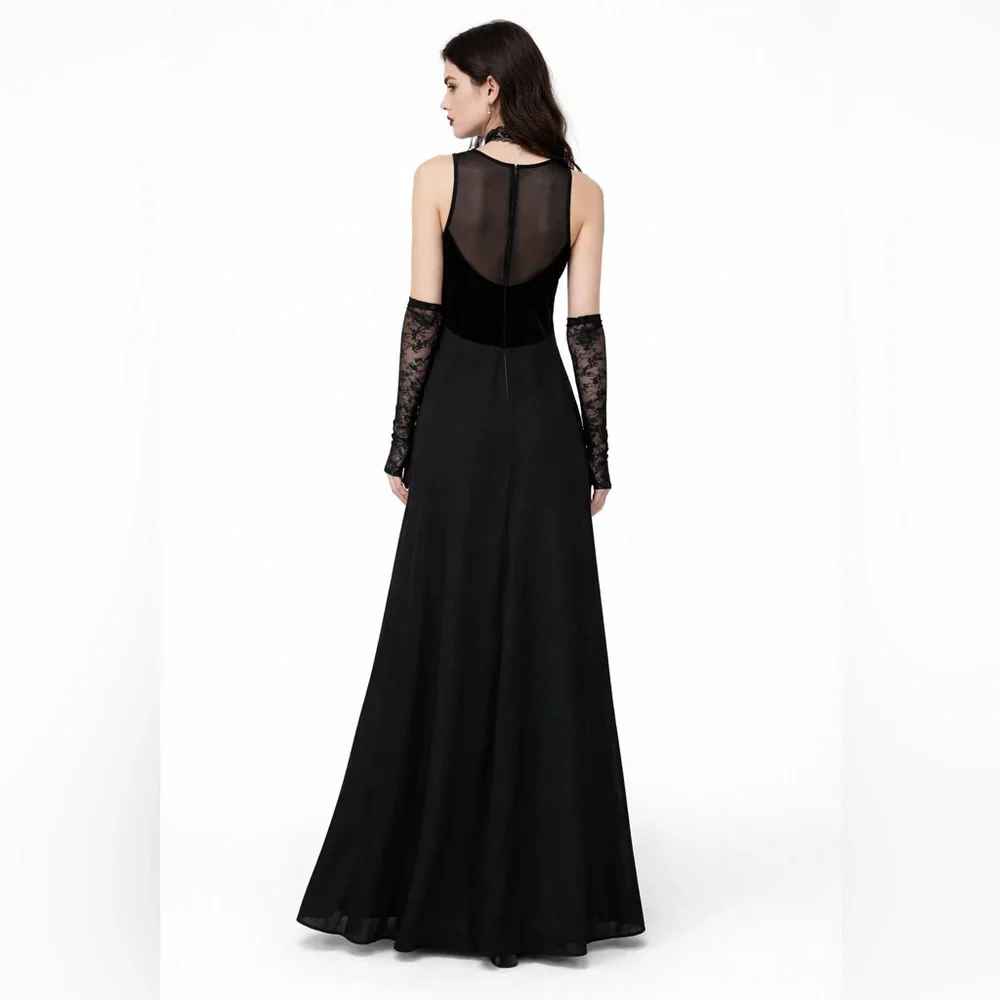 Black Velvet & Mesh Maxi Dress Sheer Back Sleeveless Minimalist Whimsigoth‎ M